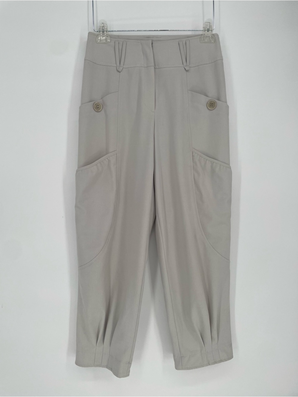 Insight Pale Gray Tailored Cargo Pants Style Trousers W Snap Pockets Tapered Leg
